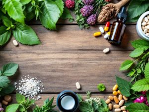 Produse farmaceutice naturale diverse pe o masă.