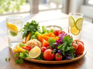 Mâncare sănătoasă pe o masă din lemn.