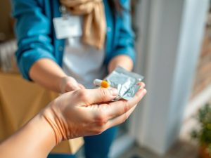 Femeie primește medicamente la ușă, acasă