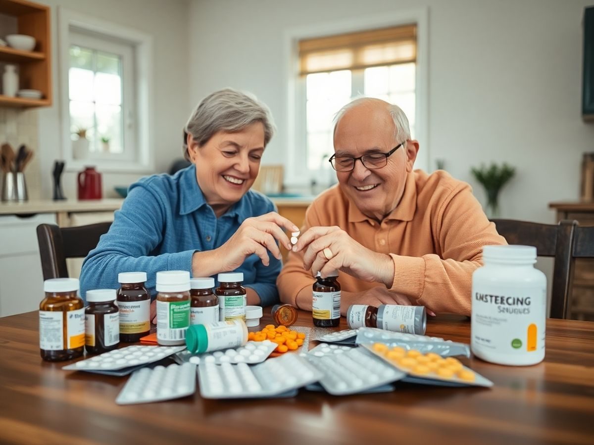 Bătrân și bătrână zâmbind la masă cu comprimate și flacoane