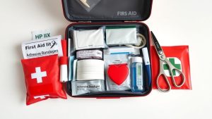 Kit de prim ajutor deschis cu produse medicale esențiale