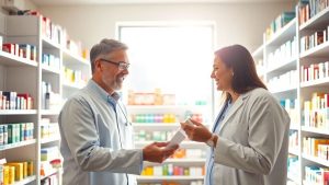 Farmacie modernă cu farmacist prietenos oferind medicamente.