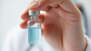 Sticlă cu lichid albastru, simbol al antibioticelor.